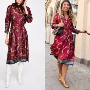 Zara Satin Butterfly Chain Print Shirt Dress Women